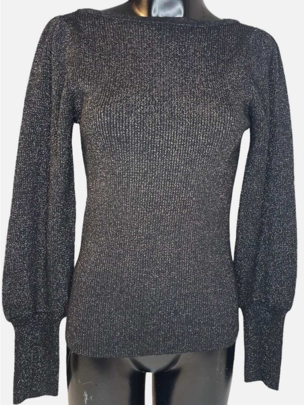 Ann Taylor Fitted Black/Metallic Sparkle Knit Sweater with Balloon Sleeves